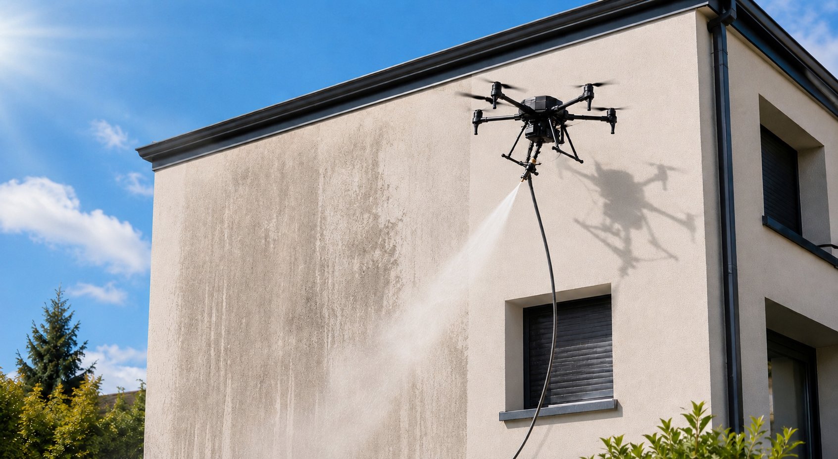 Drone professionnel nettoyant une façade à Marseille - DroneSudXpert