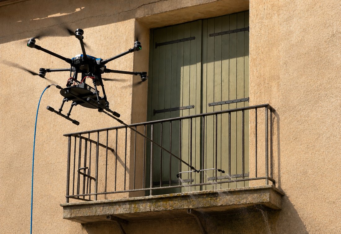 Application d'un traitement anti-mousse par drone sur une façade - DroneSudXpert